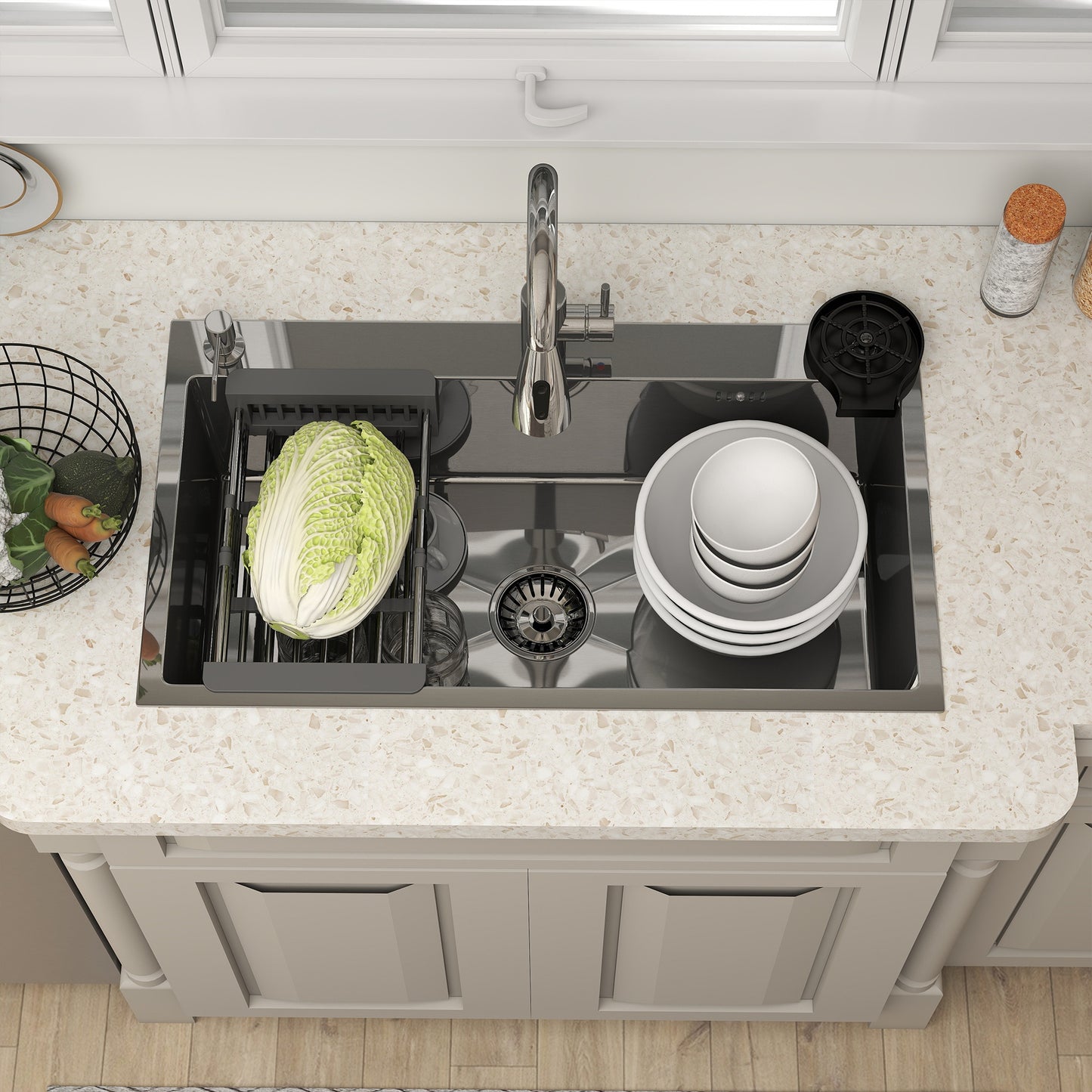 28" 30" 32" Kitchen Sink Stainless Steel Single Bowl Drop In Top Mount Imitation Honeycomb Nano Coating Single Bowl Kitchen Sink With Stainless Steel Drawable Faucet, Telescopic Basket, Soap Dispenser