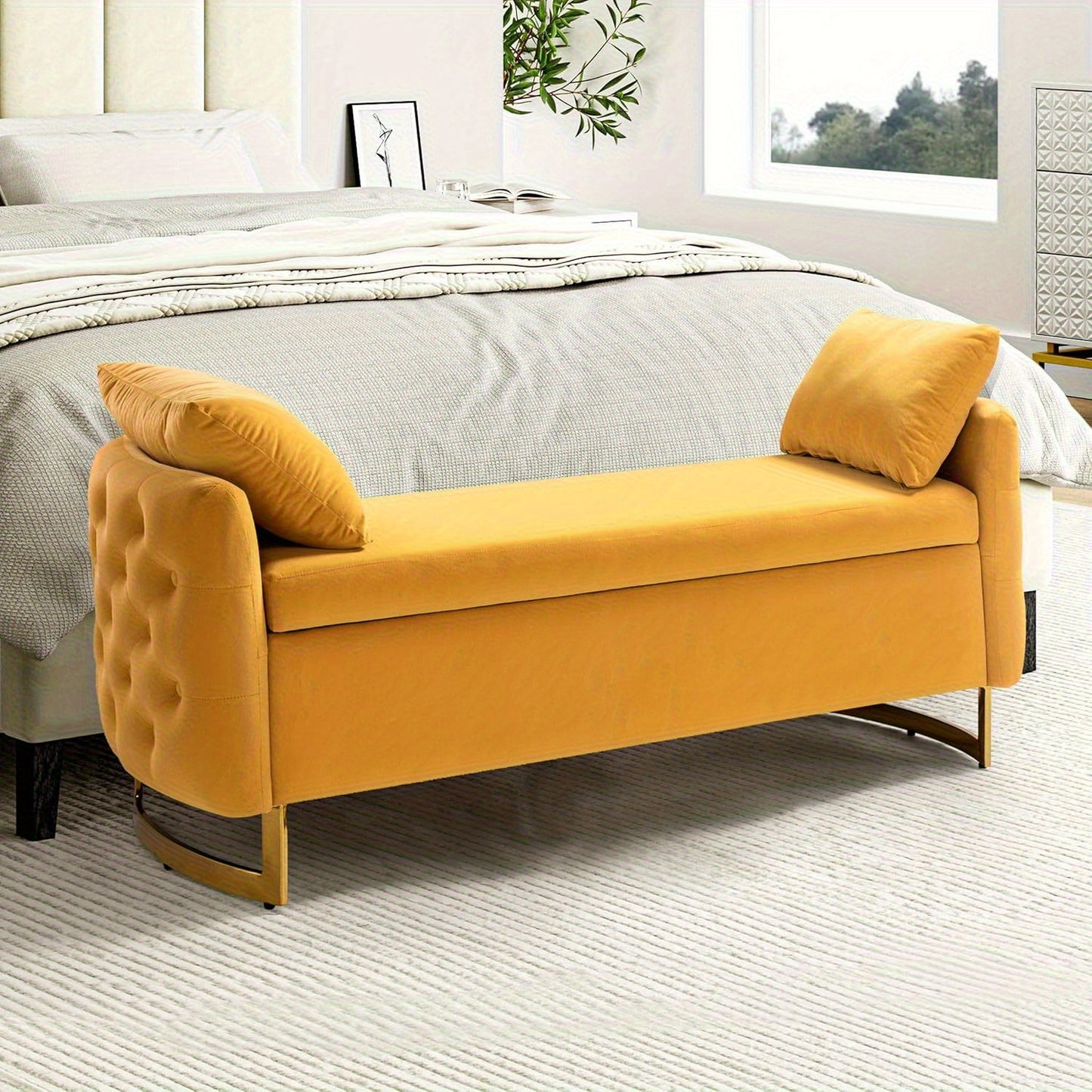 Modern Velvet Storage Ottoman Bench, 59 inch Large Upholstered End of Bed Bench King Size, Tufted Footstool with Arms Golden Base for Bedroom Living Room Entryway, BLACK