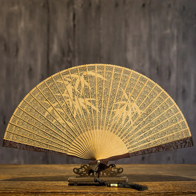 Chinese Sandalwood Fan - 7-inch Burmese incense wood hollowed-out carved folding fan, Chinese-style gift fan