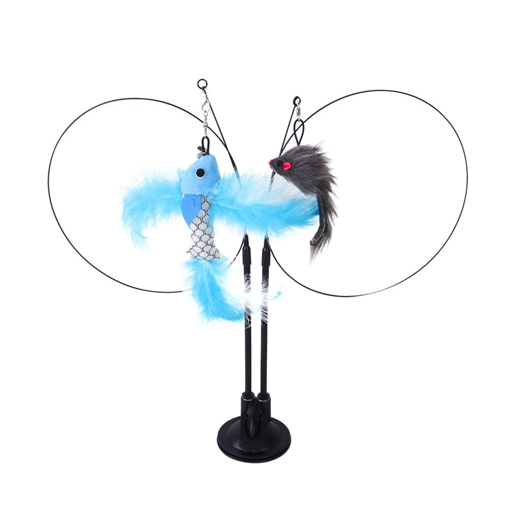 Simulation Bird Interactive Cat Stick Toy with Suction Cup Funny Feather Bird for Kitten Play Chase Exercise Cat Toys Supplies