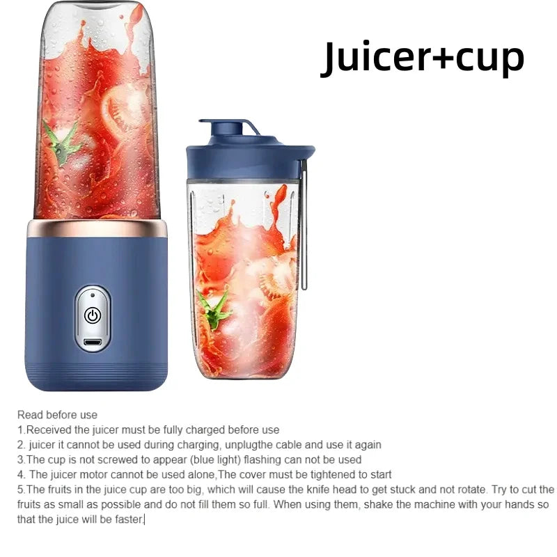 Portable Juicer Cup 6 Blade Blender Household Fruit Juicer Cup USB Rechargeable Double Cup Multifunction Electric Juicer