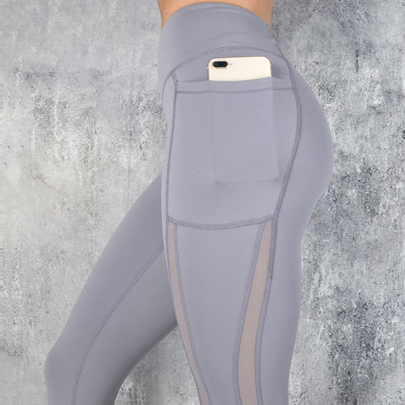 CHRLEISURE Pocket Sports Leggings Women Mesh Splicing Quick Dry Pants