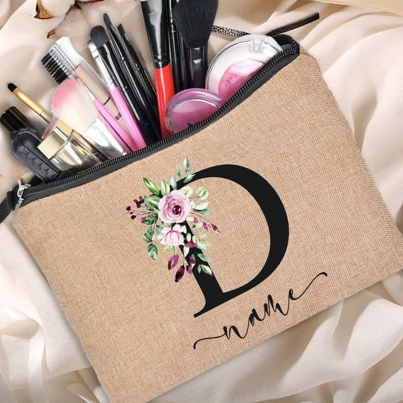 Customized Personalized Name Linen Cosmetic Bag Travel Beauty Makeup Bag