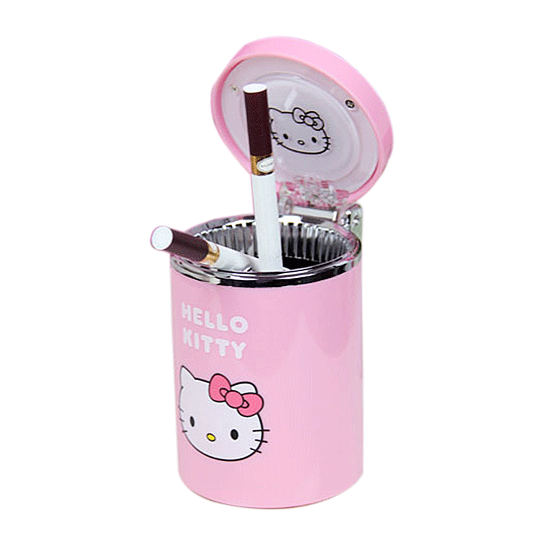 HelloKittys Car Luminous Cartoon Multifunctional Ashtray with Led Blue Light with Cover Creative Ladies High-end KT Cat Ashtray