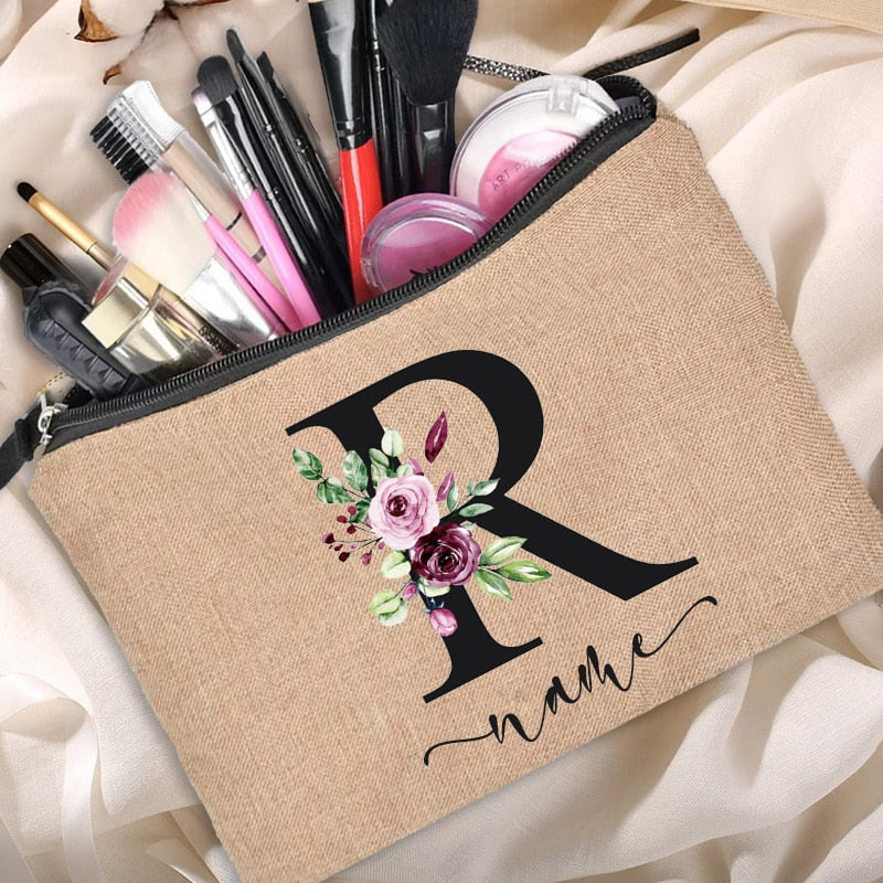 Customized Personalized Name Linen Cosmetic Bag Travel Beauty Makeup Bag