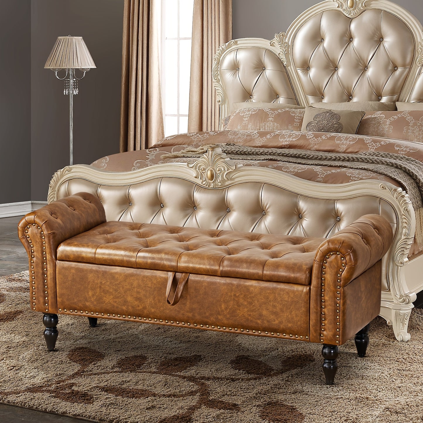 FURNIMART Luxury Mid-Century Modern Wooden Storage Bench with Roll-Up Arms - Large Capacity Flip-Top Design, Durable Recycled Wood, Easy Assembly for Bedroom, Living Room, Hallway