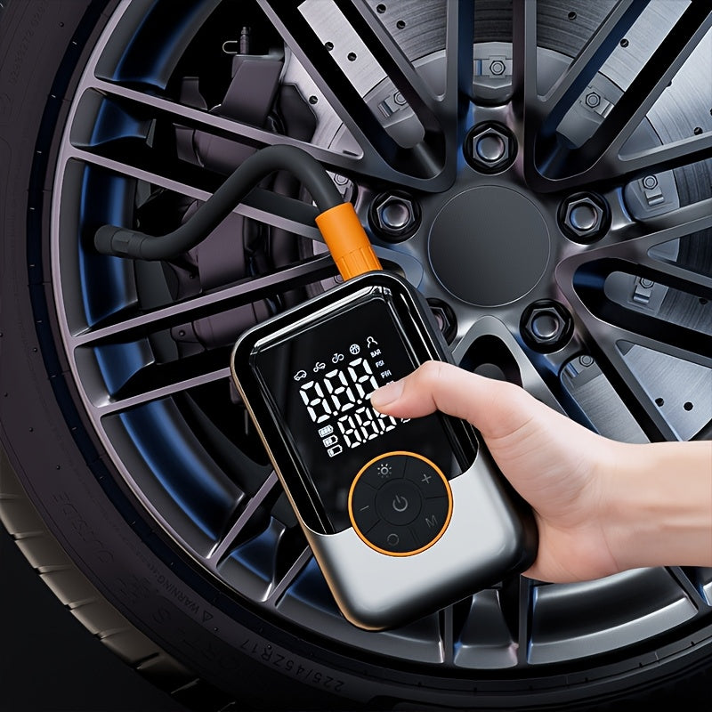 Portable wireless air pump with digital pressure gauge, built-in LED light and automatic pressure maintenance design, one-key smart air compressor, high-tech USB air compressor for cars, motorcycles, bicycles and sports equip