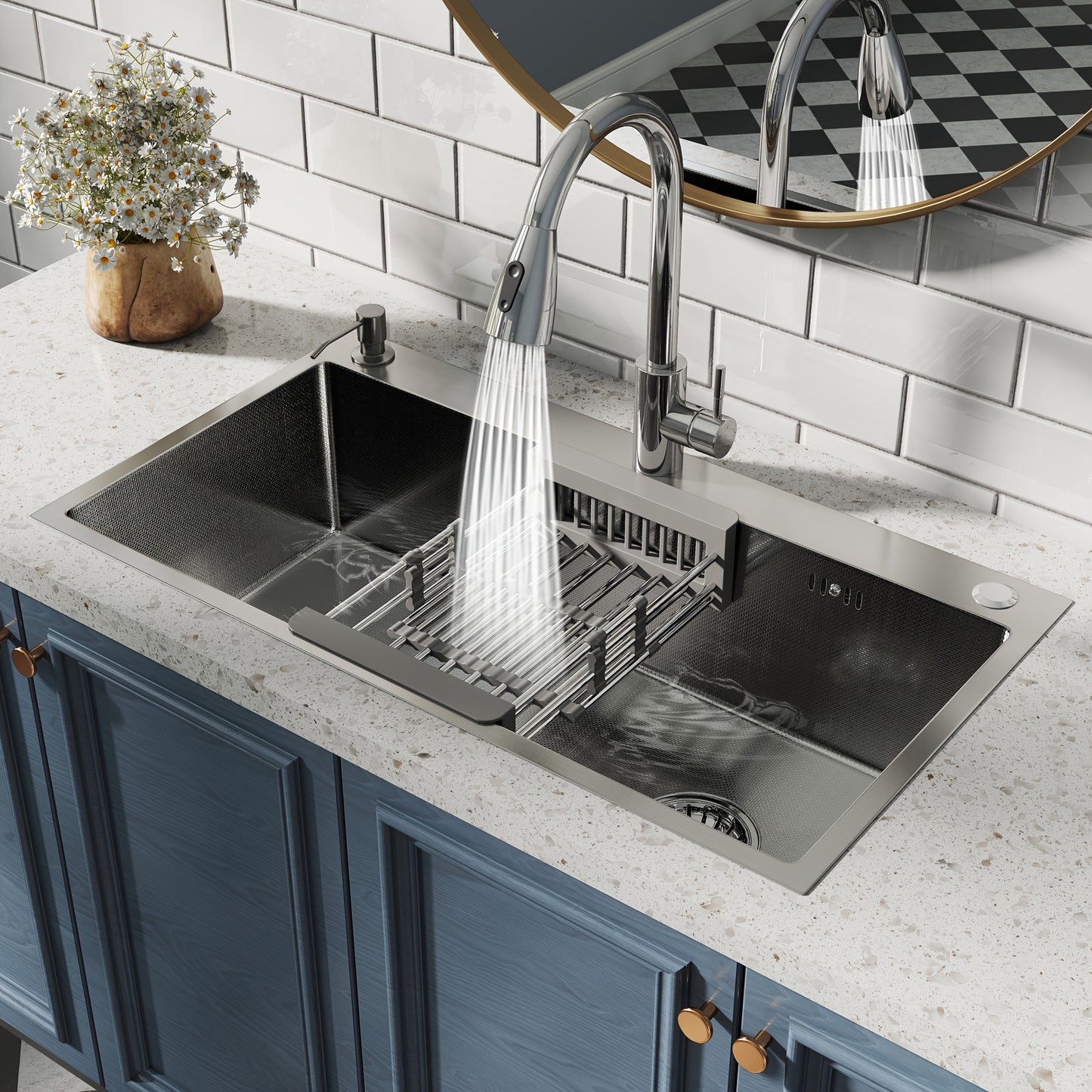 28" 30 "32" Kitchen Sink Stainless Steel Single Bowl Drip Top Installation Imitation Honeycomb Nano-coated Single Bowl Kitchen Sink Stainless Steel Retractable Faucet, Retractable Basket, Soap Liquid Dispenser, Cold And Hot A