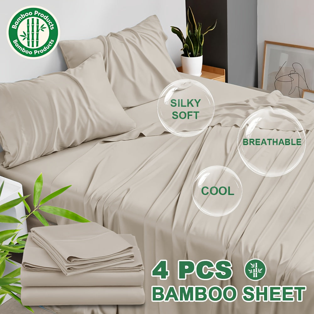 4pcs Bamboo Cooling Bed Sheets Sets Queen Size - Ultra Soft & Luxuriously Cooling, 17" Deep Pocket, Double Stitching, Perfect For Hot Sleepers - Queen Bed Sheets