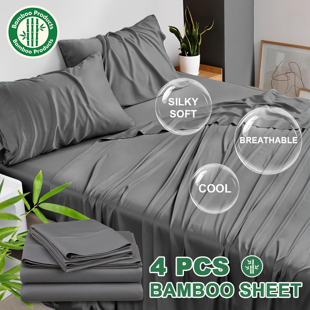 4pcs Bamboo Cooling Bed Sheets Sets Queen Size - Ultra Soft & Luxuriously Cooling, 17" Deep Pocket, Double Stitching, Perfect For Hot Sleepers - Queen Bed Sheets