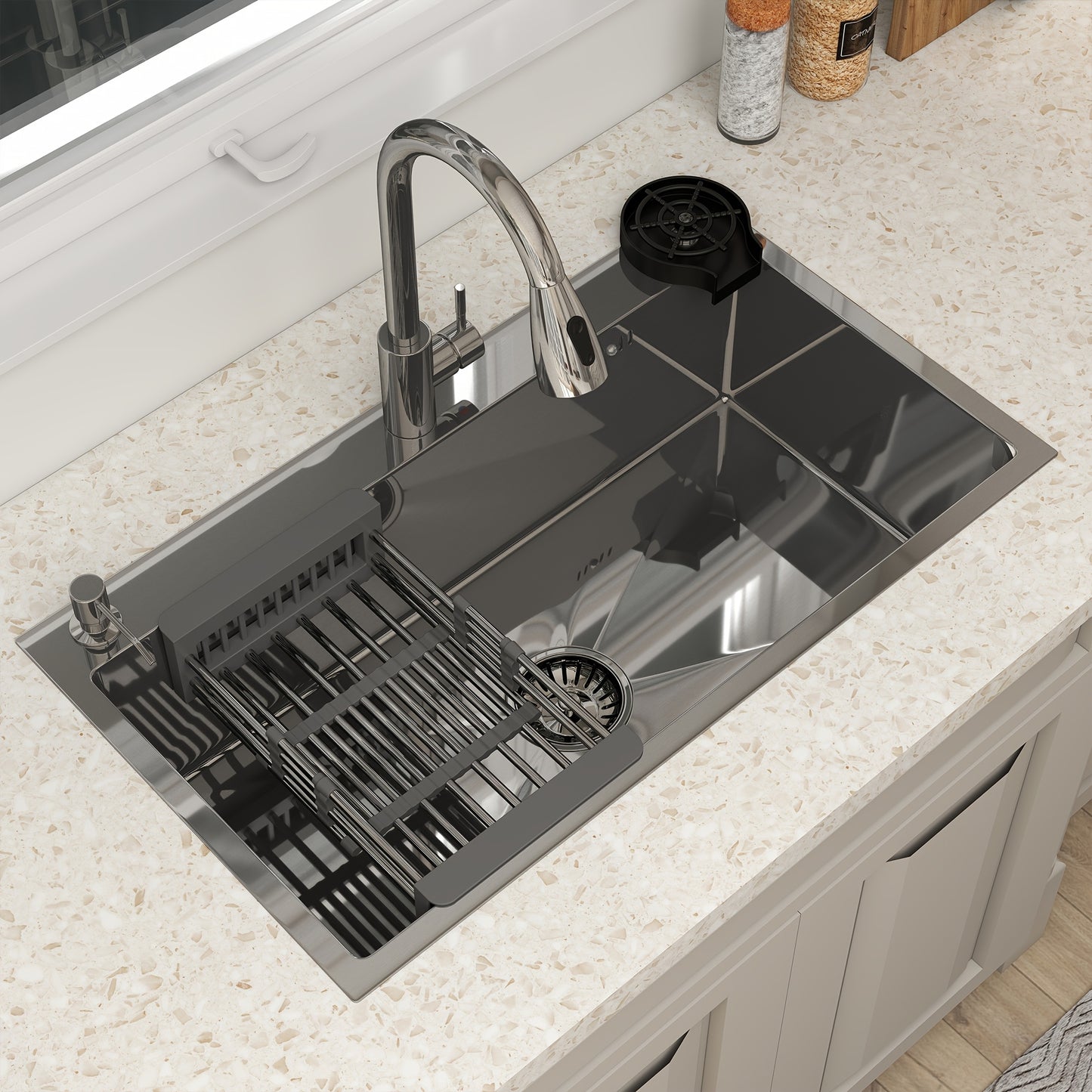 28" 30" 32" Kitchen Sink Stainless Steel Single Bowl Drop In Top Mount Imitation Honeycomb Nano Coating Single Bowl Kitchen Sink With Stainless Steel Drawable Faucet, Telescopic Basket, Soap Dispenser