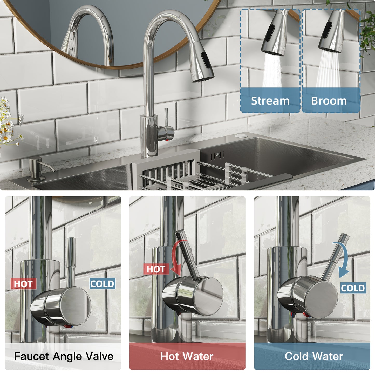 28" 30" 32" Kitchen Sink Stainless Steel Single Bowl Drop In Top Mount Imitation Honeycomb Nano Coating Single Bowl Kitchen Sink with Stainless Steel Drawable Faucet, Telescopic Basket, Soap Dispenser