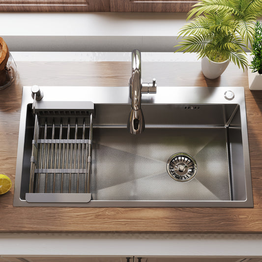 28" 30" 32" Kitchen Sink Stainless Steel Single Bowl Drop In Top Mount Imitation Honeycomb Nano Coating Single Bowl Kitchen Sink with Stainless Steel Drawable Faucet, Telescopic Basket, Soap Dispenser