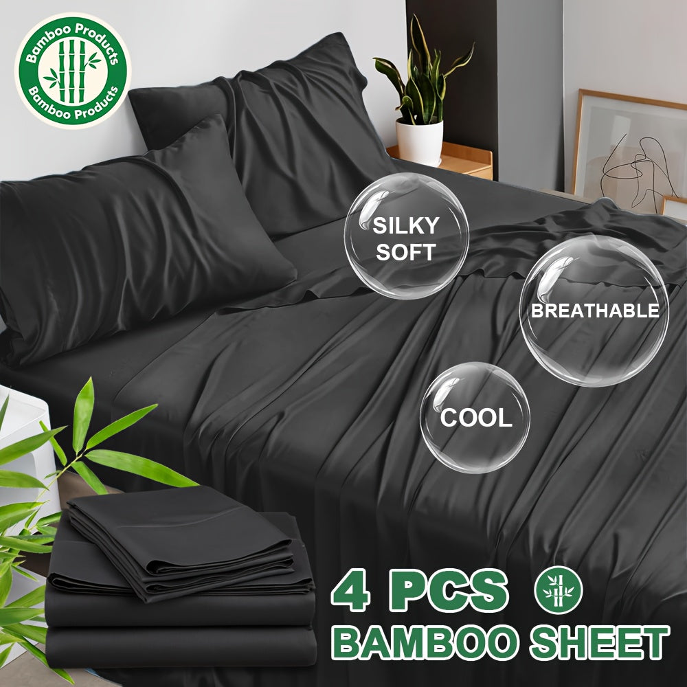 4pcs Bamboo Cooling Bed Sheets Sets Queen Size - Ultra Soft & Luxuriously Cooling, 17" Deep Pocket, Double Stitching, Perfect For Hot Sleepers - Queen Bed Sheets