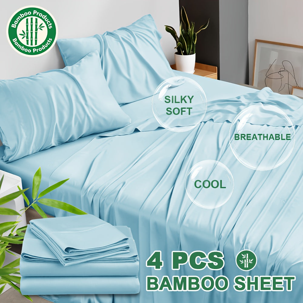 4pcs Bamboo Cooling Bed Sheets Sets Queen Size - Ultra Soft & Luxuriously Cooling, 17" Deep Pocket, Double Stitching, Perfect For Hot Sleepers - Queen Bed Sheets