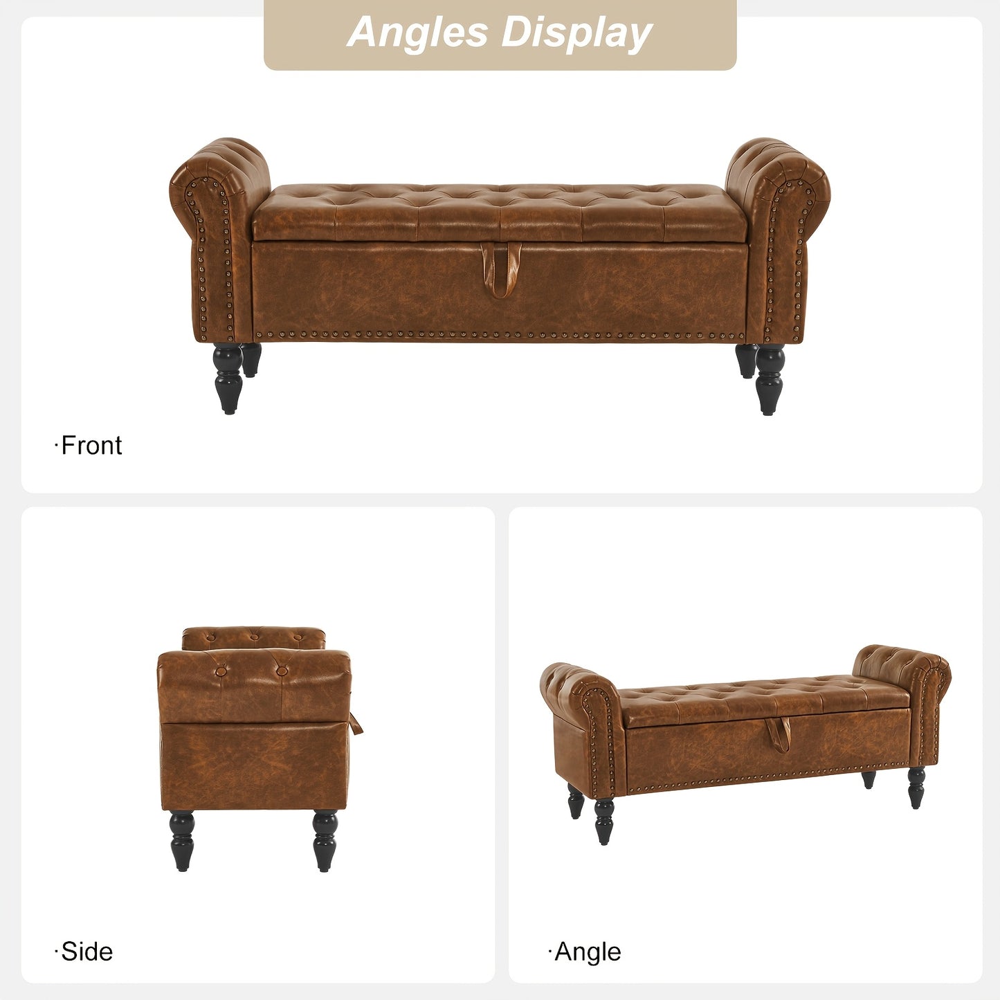 FURNIMART Luxury Mid-Century Modern Wooden Storage Bench with Roll-Up Arms - Large Capacity Flip-Top Design, Durable Recycled Wood, Easy Assembly for Bedroom, Living Room, Hallway