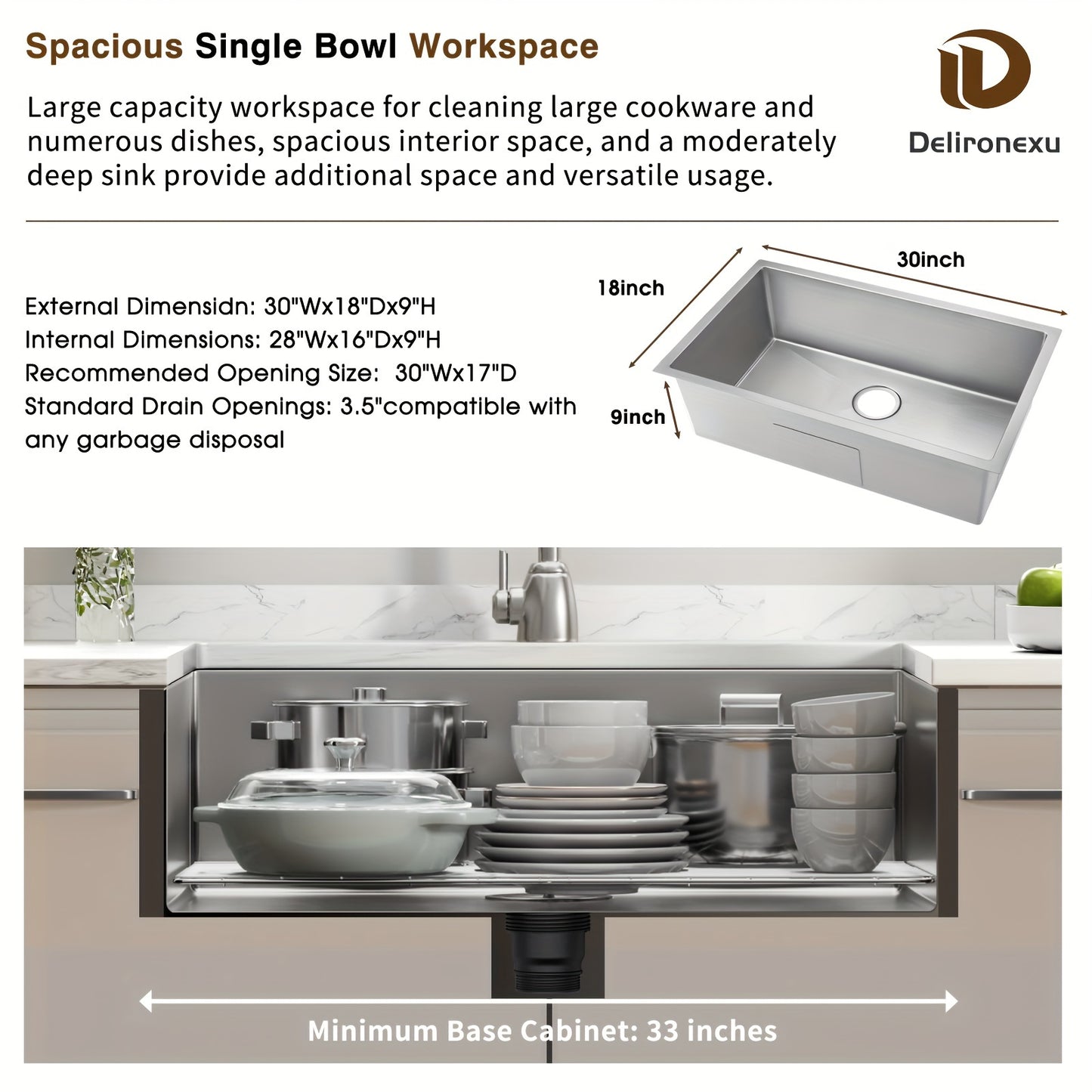 30 Inch Undermount Kitchen Sink - Delironexu 18 Gauge Stainless Steel Handmade Single Bowl Kitchen Sinks With Brushed Finish, Modern Sink, 30"x18"x9", Sink Only