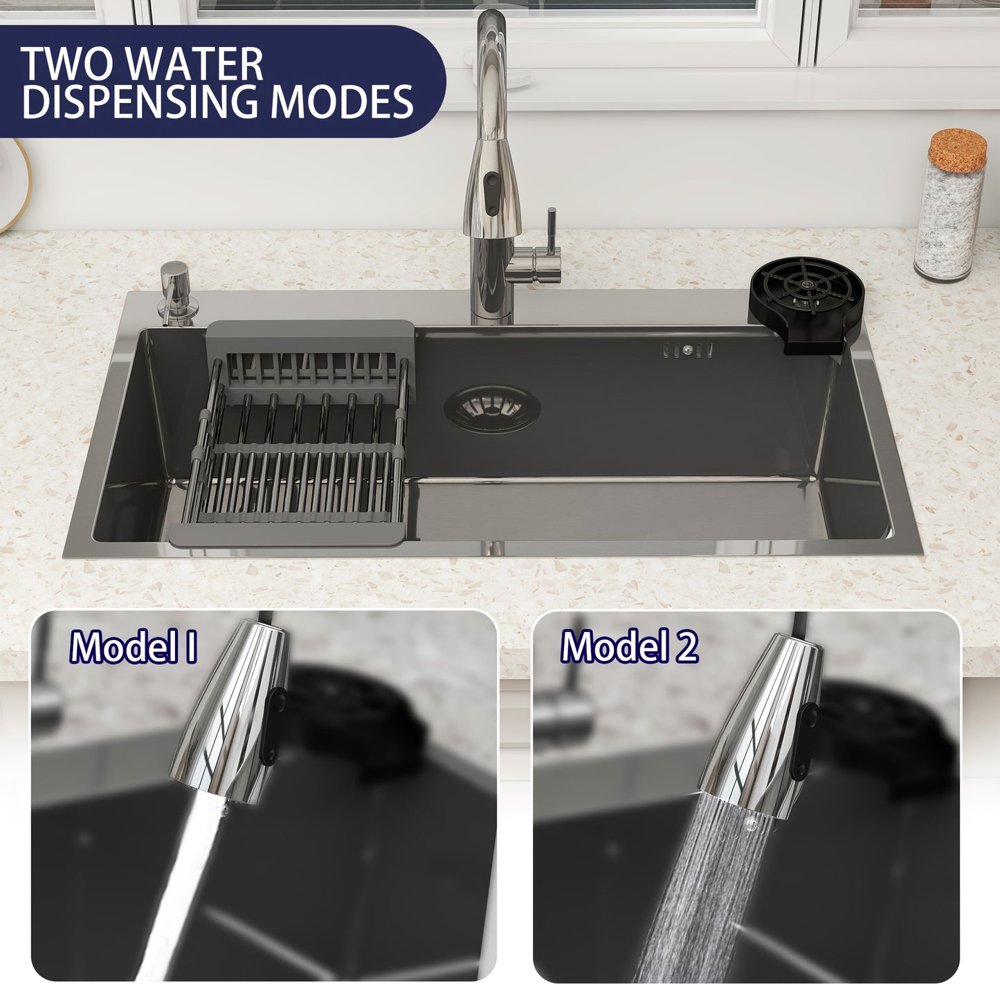 28" 30" 32" Kitchen Sink Stainless Steel Single Bowl Drop In Top Mount Imitation Honeycomb Nano Coating Single Bowl Kitchen Sink With Stainless Steel Drawable Faucet, Telescopic Basket, Soap Dispenser