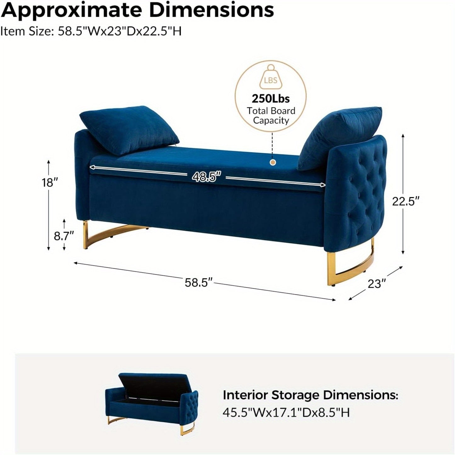 Modern Velvet Storage Ottoman Bench, 59 inch Large Upholstered End of Bed Bench King Size, Tufted Footstool with Arms Golden Base for Bedroom Living Room Entryway, BLACK