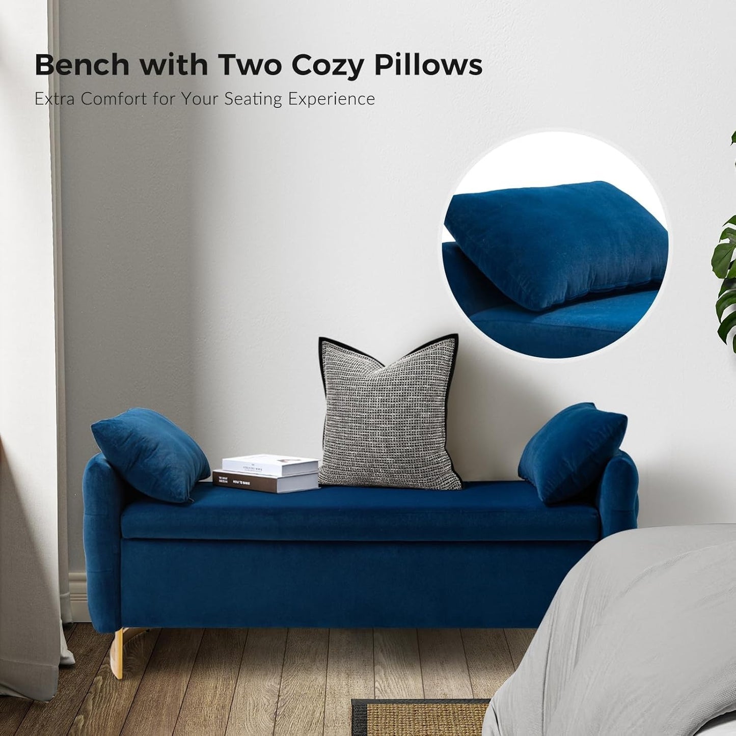 Modern Velvet Storage Ottoman Bench, 59 inch Large Upholstered End of Bed Bench King Size, Tufted Footstool with Arms Golden Base for Bedroom Living Room Entryway, BLACK