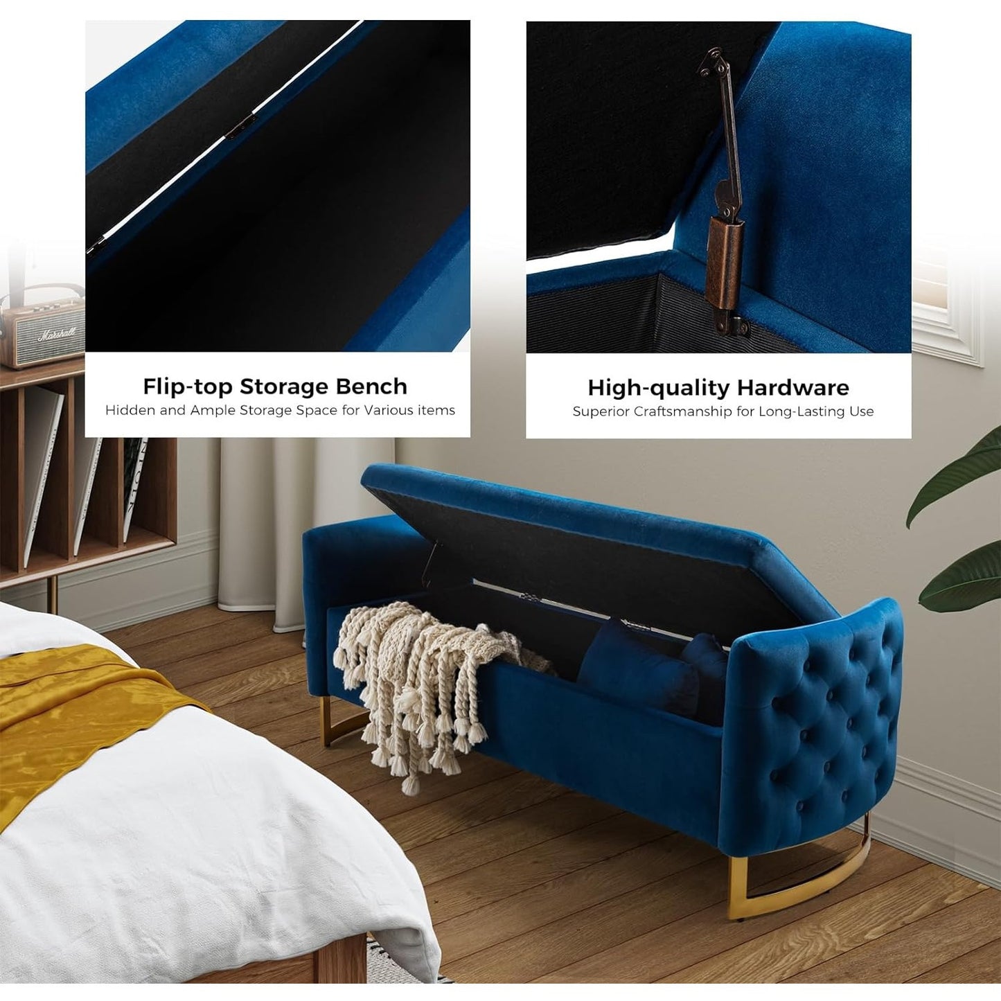 Modern Velvet Storage Ottoman Bench, 59 inch Large Upholstered End of Bed Bench King Size, Tufted Footstool with Arms Golden Base for Bedroom Living Room Entryway, BLACK