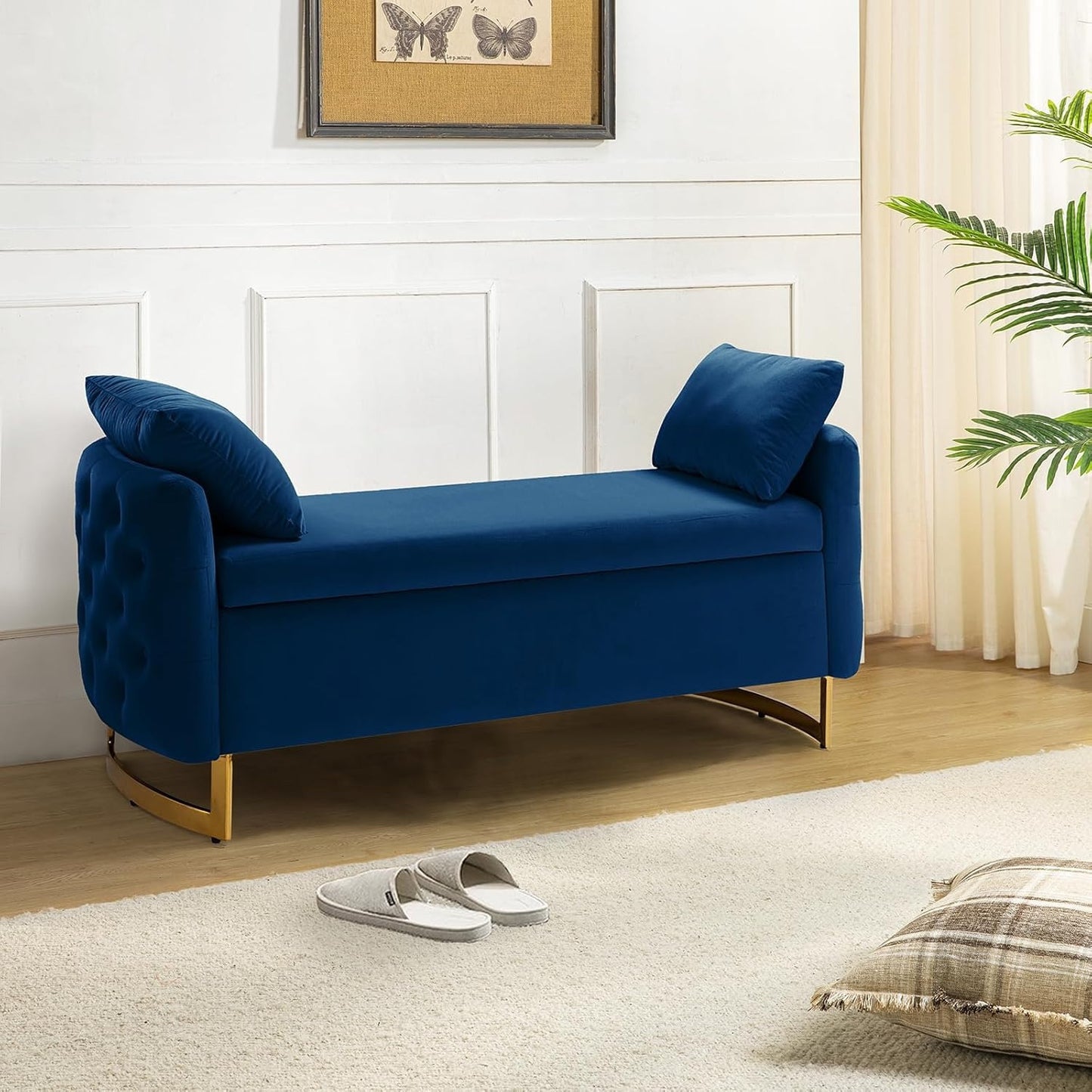 Modern Velvet Storage Ottoman Bench, 59 inch Large Upholstered End of Bed Bench King Size, Tufted Footstool with Arms Golden Base for Bedroom Living Room Entryway, BLACK