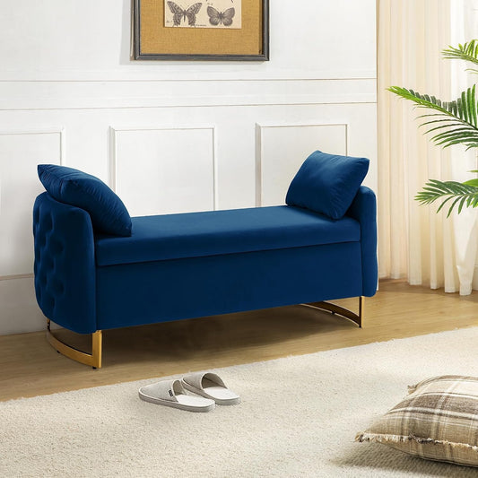 Modern Velvet Storage Ottoman Bench, 59 inch Large Upholstered End of Bed Bench King Size, Tufted Footstool with Arms Golden Base for Bedroom Living Room Entryway, BLACK