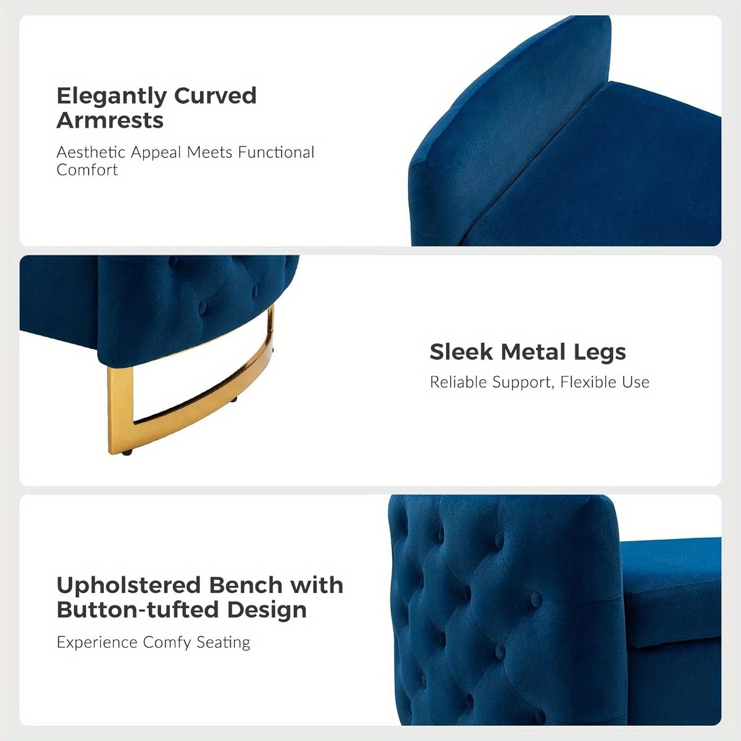 Modern Velvet Storage Ottoman Bench, 59 inch Large Upholstered End of Bed Bench King Size, Tufted Footstool with Arms Golden Base for Bedroom Living Room Entryway, BLACK