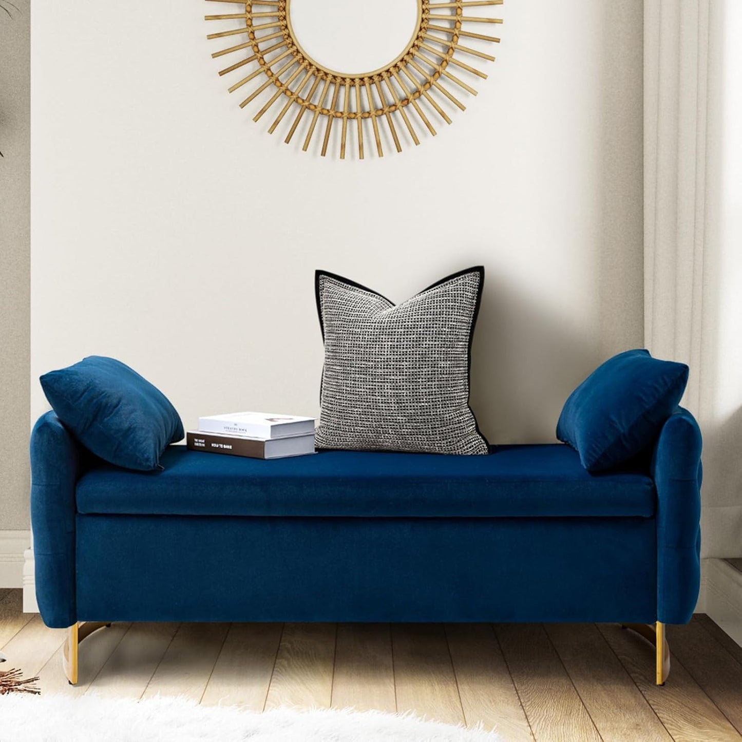 Modern Velvet Storage Ottoman Bench, 59 inch Large Upholstered End of Bed Bench King Size, Tufted Footstool with Arms Golden Base for Bedroom Living Room Entryway, BLACK