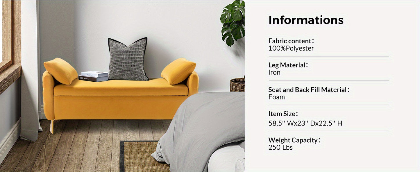 Modern Velvet Storage Ottoman Bench, 59 inch Large Upholstered End of Bed Bench King Size, Tufted Footstool with Arms Golden Base for Bedroom Living Room Entryway, BLACK