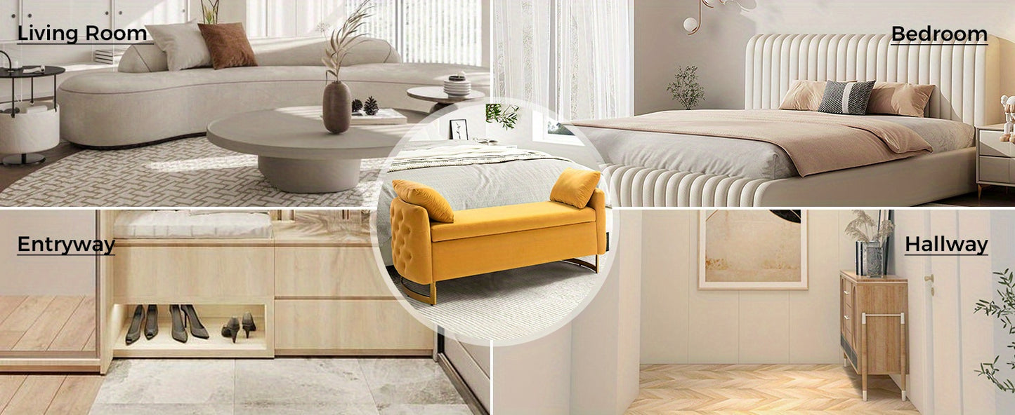 Modern Velvet Storage Ottoman Bench, 59 inch Large Upholstered End of Bed Bench King Size, Tufted Footstool with Arms Golden Base for Bedroom Living Room Entryway, BLACK