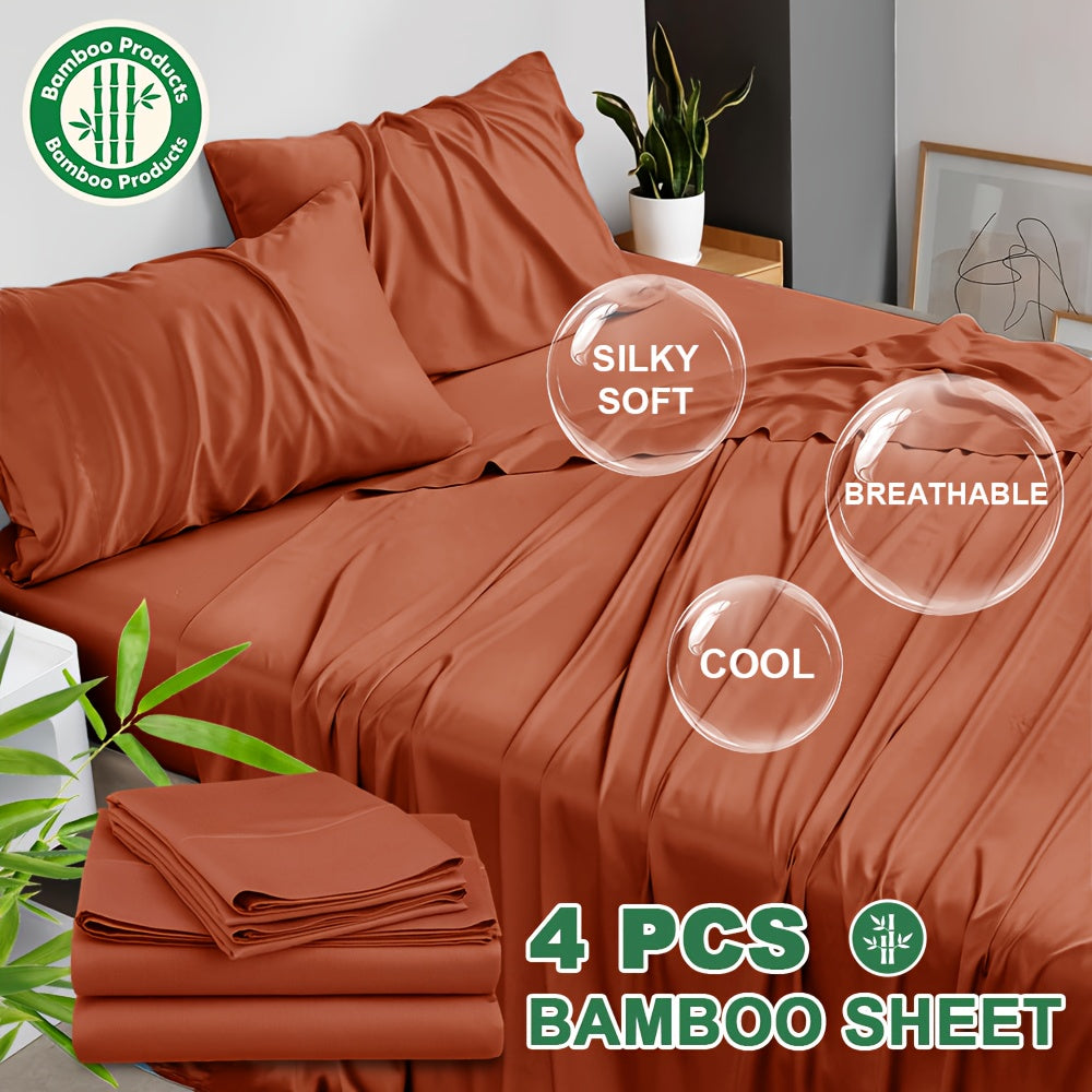 4pcs Bamboo Cooling Bed Sheets Sets Queen Size - Ultra Soft & Luxuriously Cooling, 17" Deep Pocket, Double Stitching, Perfect For Hot Sleepers - Queen Bed Sheets