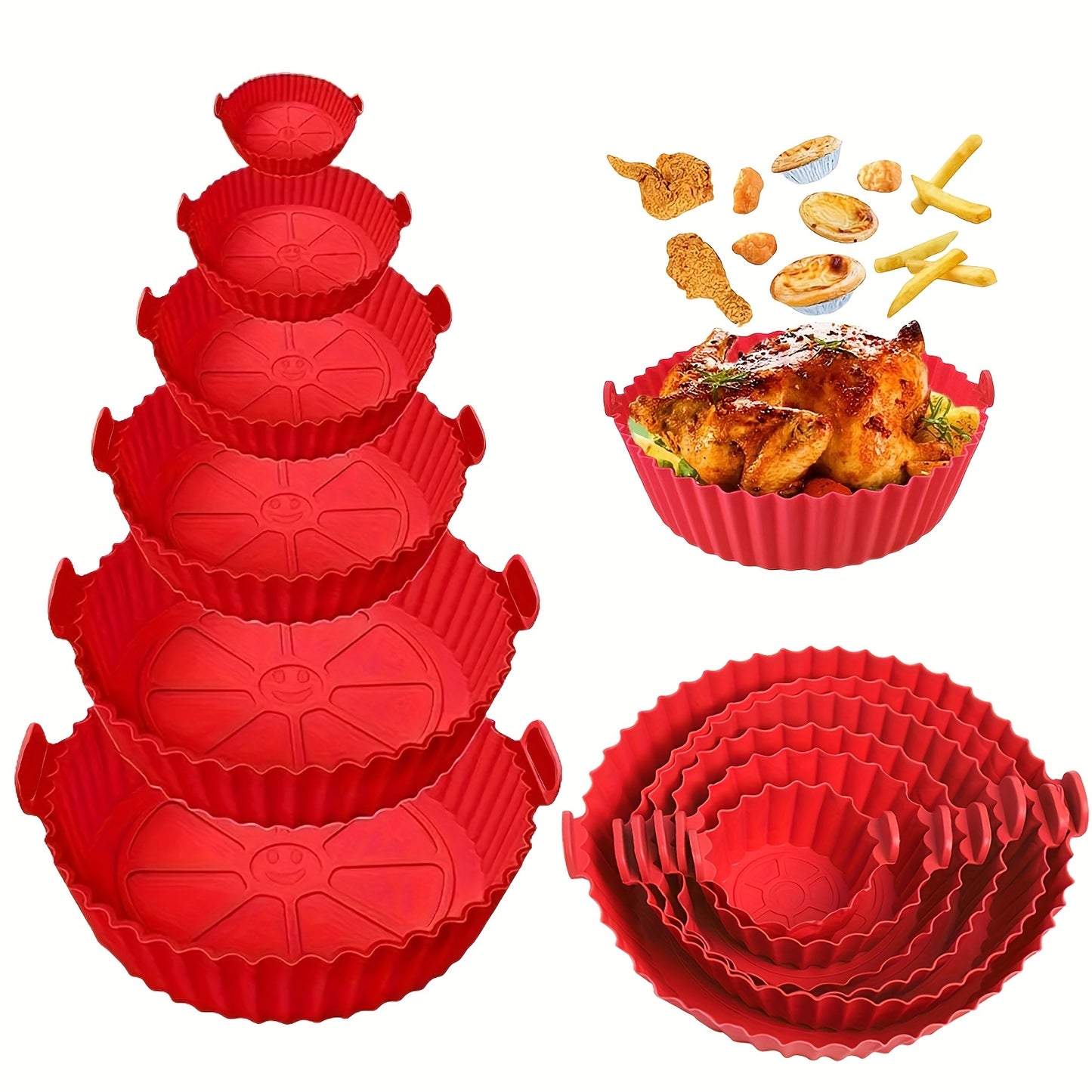 6 Red Silicone Liners for Air Fryers - Non-Stick, Featuring Wavy Edges for Even Cooking, Easy to Clean, Food Contact Safe, Perfect for Roasting Chicken, Fish, And Vegetables, Air Fryer Additions