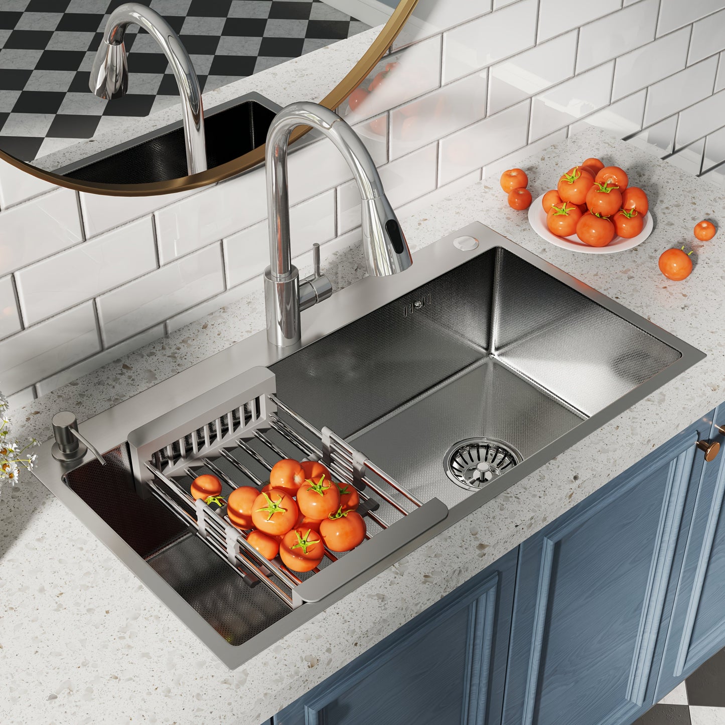 28" 30 "32" Kitchen Sink Stainless Steel Single Bowl Drip Top Installation Imitation Honeycomb Nano-coated Single Bowl Kitchen Sink Stainless Steel Retractable Faucet, Retractable Basket, Soap Liquid Dispenser, Cold And Hot A