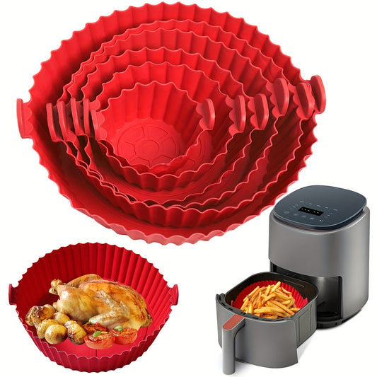 6 Red Silicone Liners for Air Fryers - Non-Stick, Featuring Wavy Edges for Even Cooking, Easy to Clean, Food Contact Safe, Perfect for Roasting Chicken, Fish, And Vegetables, Air Fryer Additions