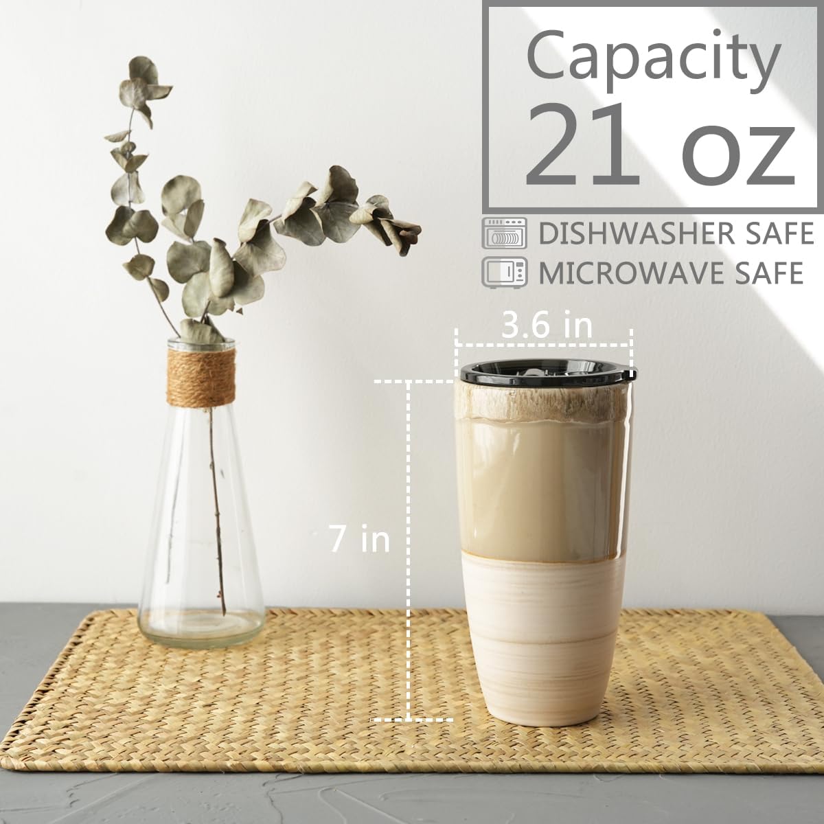 21oz Ceramic Travel Coffee Mug with Lid - Microwave & Dishwasher Safe, Spill-Proof Car Cup Holder Compatible, Reactive Glaze Insulated Design, Elegant Brown/Grey Marbled Pattern, Reusable Coffee Cup for On-the-Go, Office & Ho