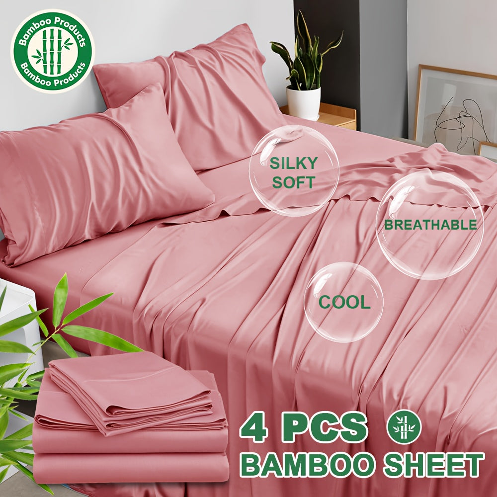 4pcs Bamboo Cooling Bed Sheets Sets Queen Size - Ultra Soft & Luxuriously Cooling, 17" Deep Pocket, Double Stitching, Perfect For Hot Sleepers - Queen Bed Sheets