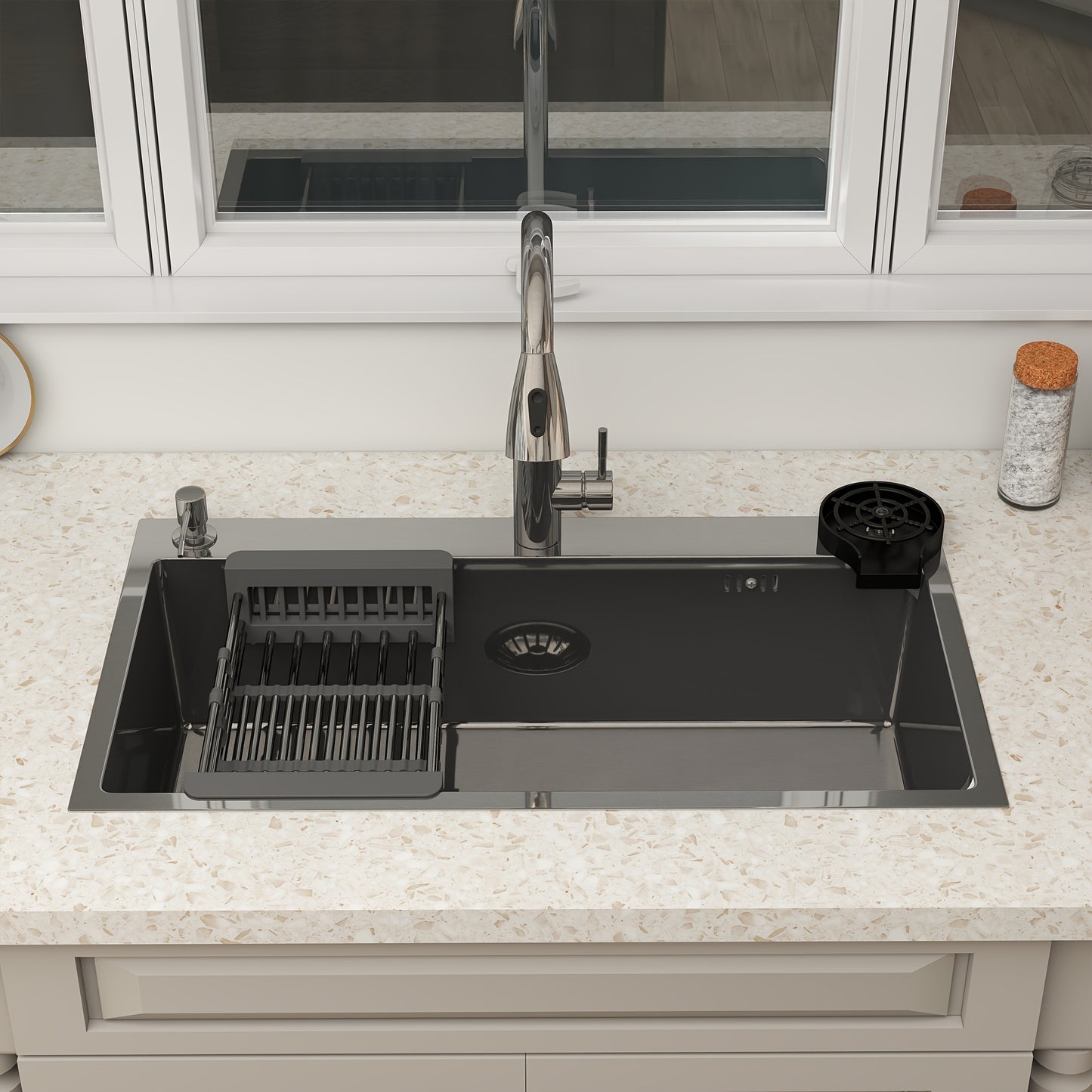 28" 30" 32" Kitchen Sink Stainless Steel Single Bowl Drop In Top Mount Imitation Honeycomb Nano Coating Single Bowl Kitchen Sink With Stainless Steel Drawable Faucet, Telescopic Basket, Soap Dispenser