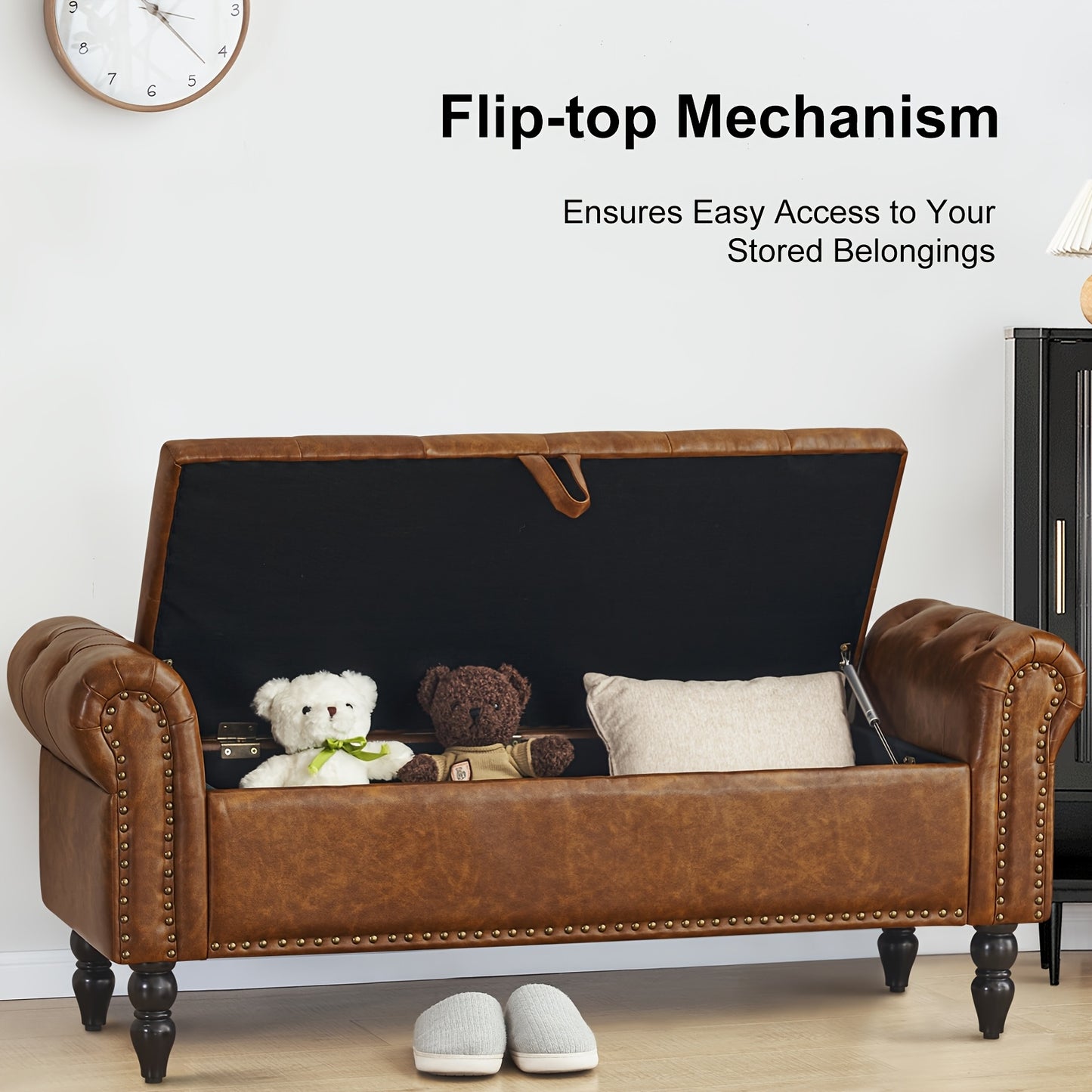 FURNIMART Luxury Mid-Century Modern Wooden Storage Bench with Roll-Up Arms - Large Capacity Flip-Top Design, Durable Recycled Wood, Easy Assembly for Bedroom, Living Room, Hallway