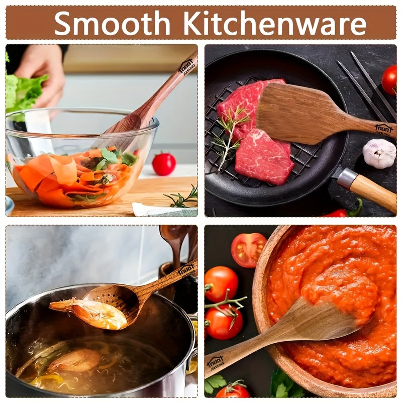 5pcs Premium Wooden Kitchen Utensils Kit -Ergonomic Handles Natural Wooden Spoons Spurtle Ladle and Wok Spatulas Heavy-Duty Wooden Utility Set for Non-Stick Pans Heat Resistant Easy to Clean and Durable Kitchen Essentials Coo