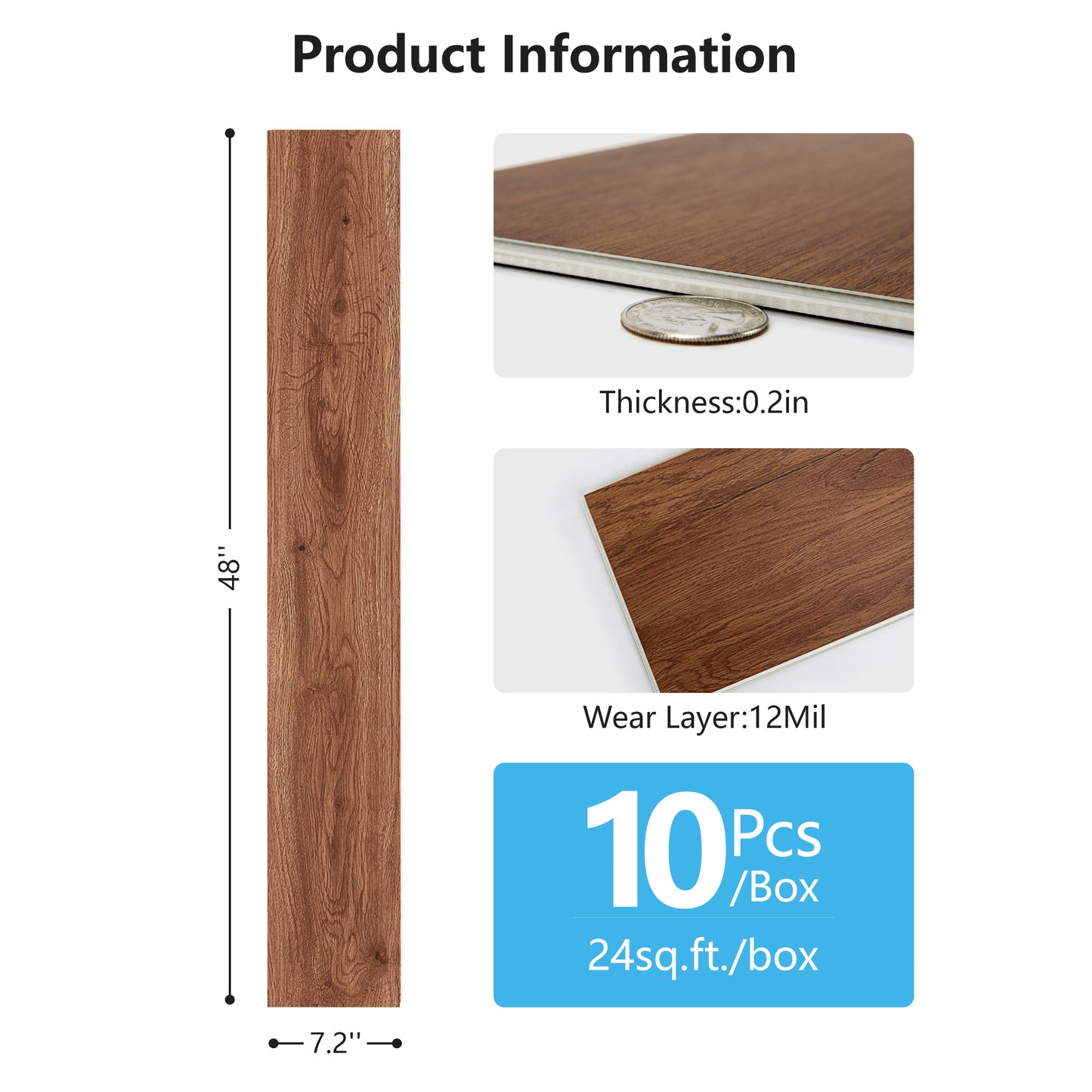 10-Pack Click-Lock Flooring Planks, 48" x 7.2" Waterproof and Wear-Resistant Composite Panels