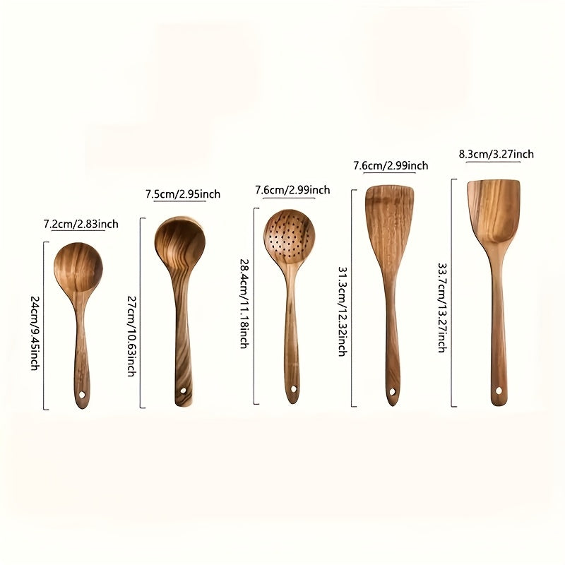 5pcs Premium Wooden Kitchen Utensils Kit -Ergonomic Handles Natural Wooden Spoons Spurtle Ladle and Wok Spatulas Heavy-Duty Wooden Utility Set for Non-Stick Pans Heat Resistant Easy to Clean and Durable Kitchen Essentials Coo
