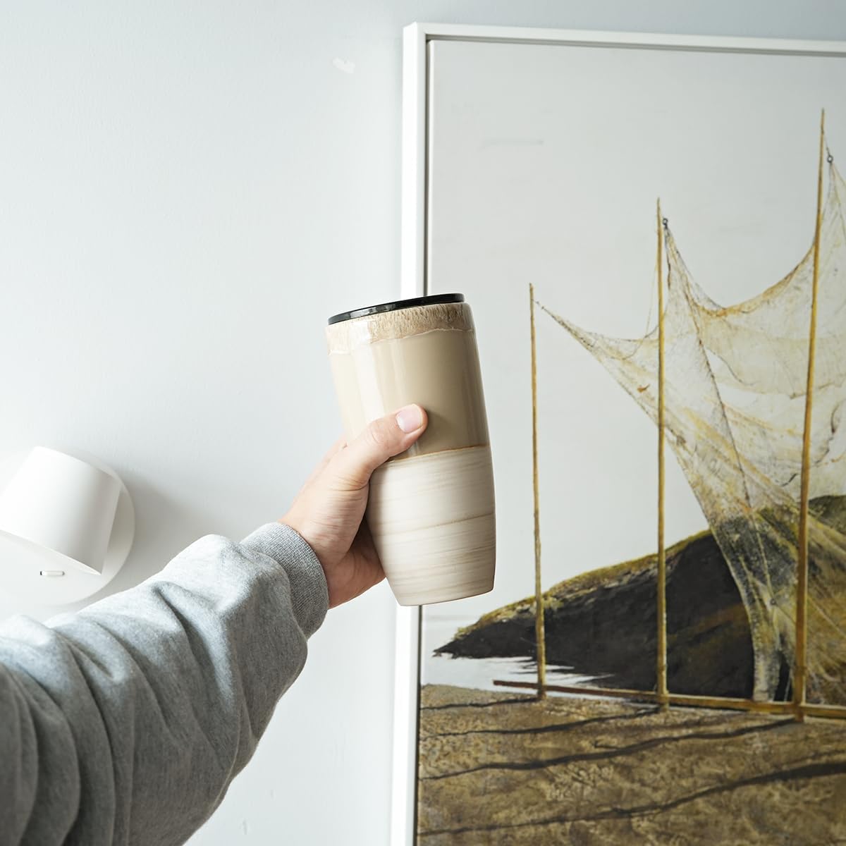 21oz Ceramic Travel Coffee Mug with Lid - Microwave & Dishwasher Safe, Spill-Proof Car Cup Holder Compatible, Reactive Glaze Insulated Design, Elegant Brown/Grey Marbled Pattern, Reusable Coffee Cup for On-the-Go, Office & Ho