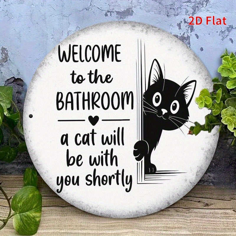 2D Flat, 2D Flat Printing Bathroom Cat Metal Plaque - Whimsical Black Cat with "Welcome to the Bathroom" Design, 7.8x7.8in, Ideal for Home, Office, Bedroom, Coffee Shop, Garage Decor - Perfect Holiday Gift, Cat Decor, Perfect