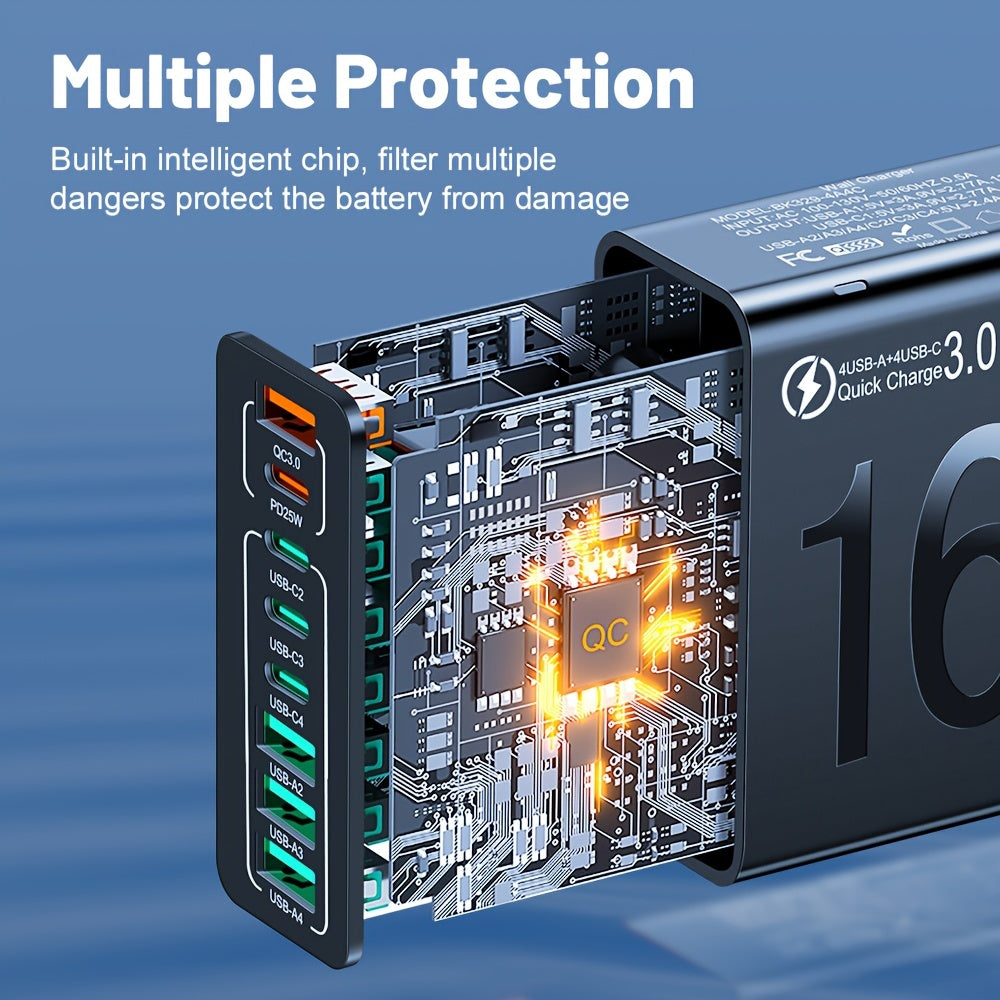 [8 in 1 Fast Charger] KAXOE 8 in 1 Fast Charging USB Phone Charger Adapter | 4 USB + 4 Type-C Phone Charger USB Plug Outlet QC 3.0 USB Charger for iPhone for Samsung