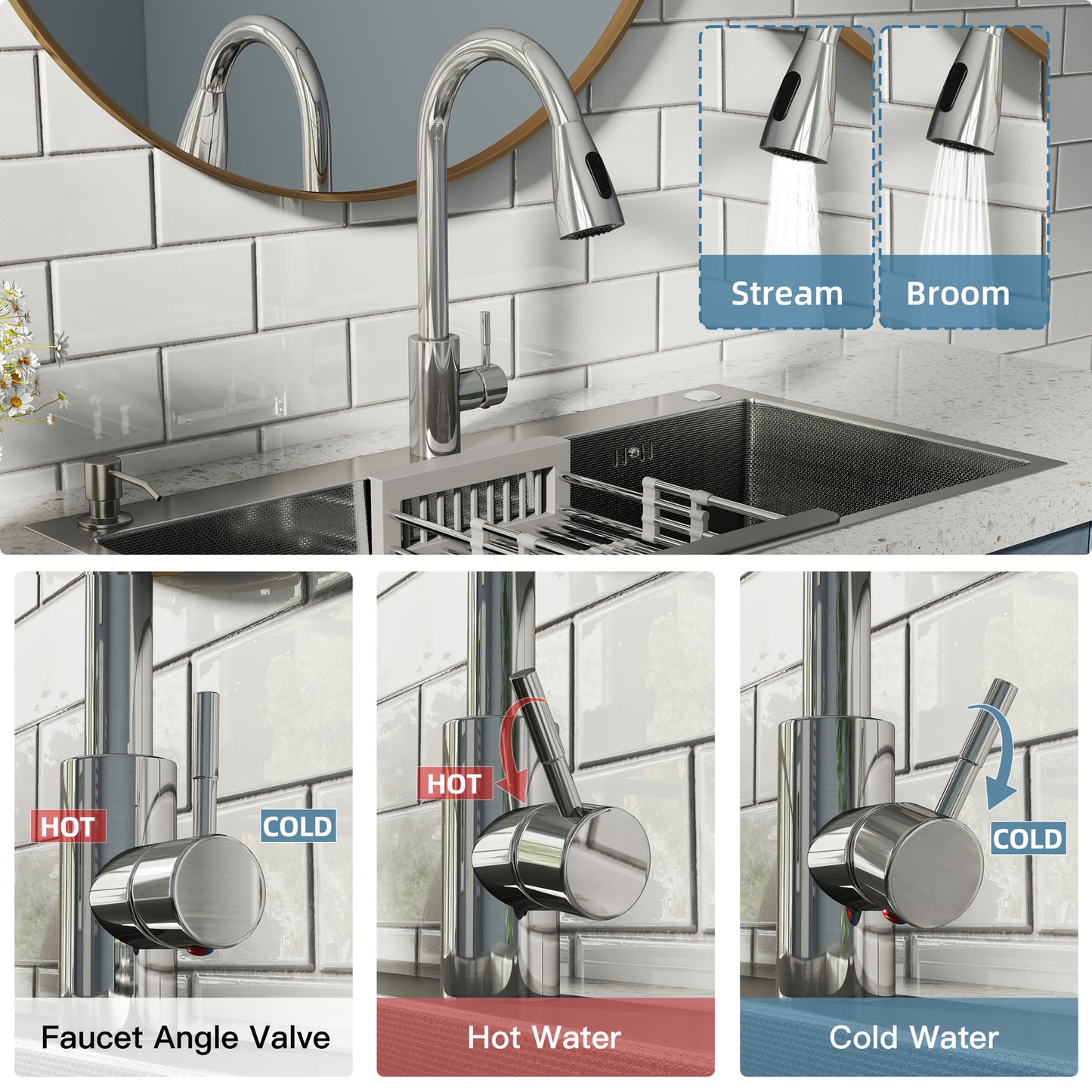 28" 30 "32" Kitchen Sink Stainless Steel Single Bowl Drip Top Installation Imitation Honeycomb Nano-coated Single Bowl Kitchen Sink Stainless Steel Retractable Faucet, Retractable Basket, Soap Liquid Dispenser, Cold And Hot A