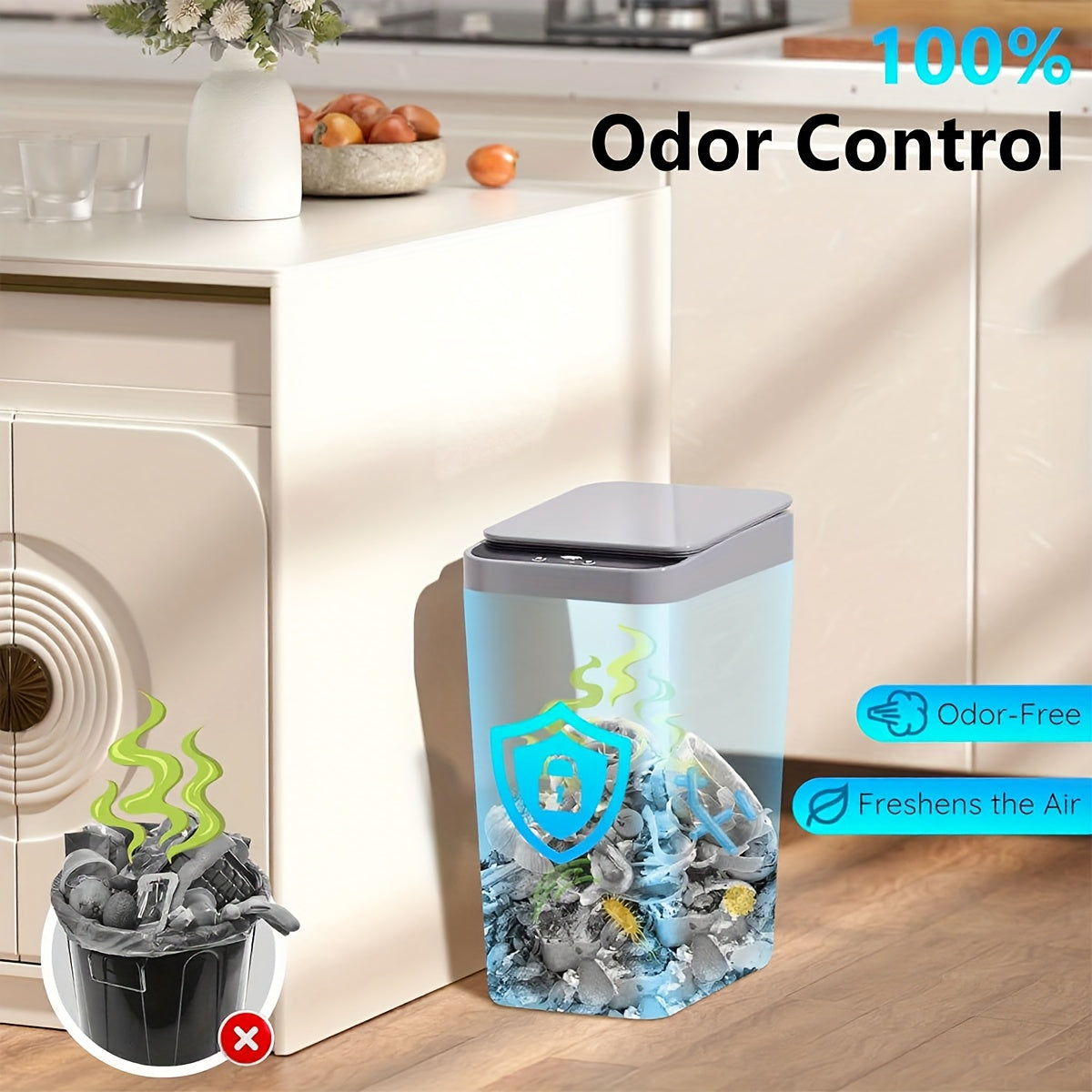 1 pack 17L/4.49gal Smart Kitchen Trash Can (enhanced version): multi-mode, kick-activated sensor, stay-open/closed button. AA batteries (not included), modern design - ideal for home, office, bathroom/kitchen, top Halloween/C