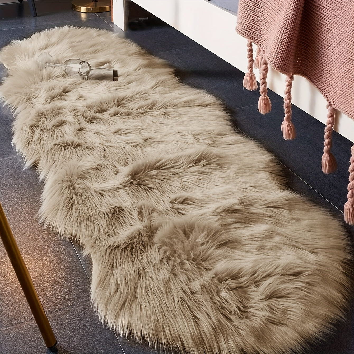 Soft Fluffy Mat - Beige/Neutral Colors, Plush Texture Mat for Living Room, Bedroom, Entryway - Machine Washable Modern Mat - Multi-Size Options Available