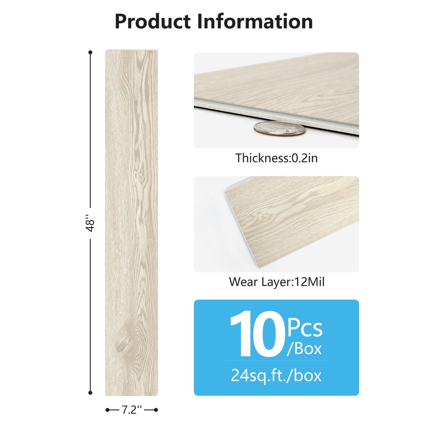 10-Pack Click-Lock Flooring Planks, 48" x 7.2" Waterproof and Wear-Resistant Composite Panels