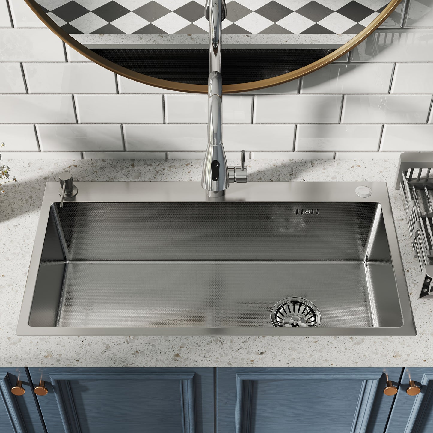 28" 30 "32" Kitchen Sink Stainless Steel Single Bowl Drip Top Installation Imitation Honeycomb Nano-coated Single Bowl Kitchen Sink Stainless Steel Retractable Faucet, Retractable Basket, Soap Liquid Dispenser, Cold And Hot A